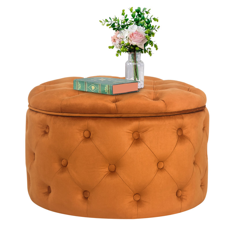Orange Velvet Tufted Round Cocktail Ottoman with Storage