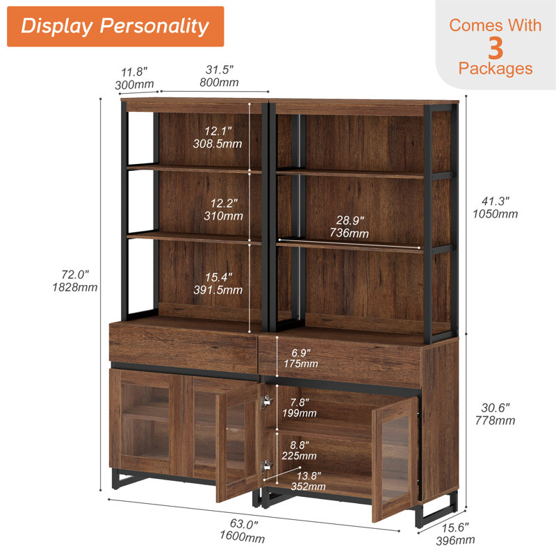 Buffet haut 2 pièces 72 po avec 2 tiroirs et tablettes ouvertes, Brun