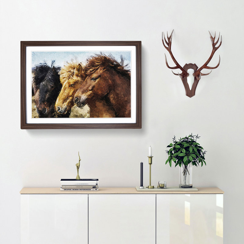 A Trio Of Horses - Single Picture Frame Painting, Walnut Framed, 24cm H x 33cm W x 2cm D