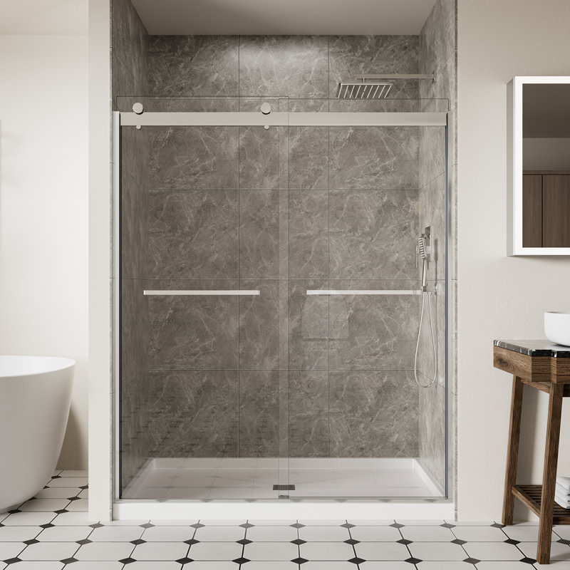Porte de douche coulissante double sans cadre de 56 à 60 po x H 74 po avec verre trempé transparent de qualité supérieure de 5/16 po (8 mm), finition chromée