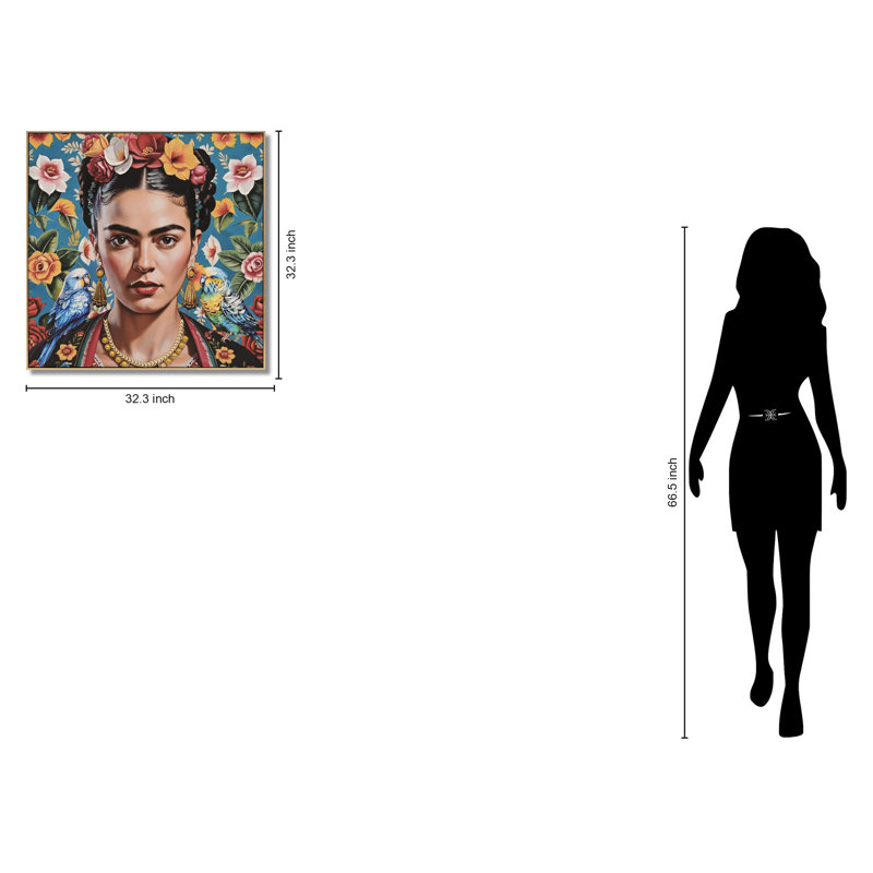 Art floral sur toile Muse floral: Frida avec oiseaux - 32 po x 32 po - cadre doré