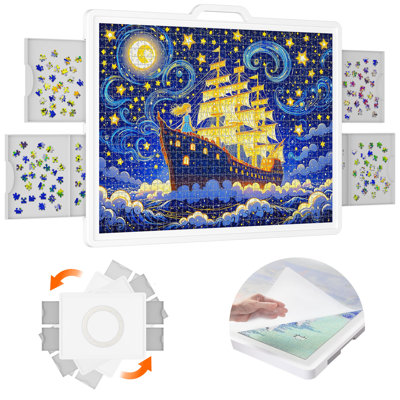 1500 Pieces Rotating Puzzle Board With 4 Divided Drawers And Protective Cover, Portable Jigsaw Table With Lazy Susan, Spinning Puzzle Board As Ideal Gift, 33.3" X 25.4", Abs Plastic, White