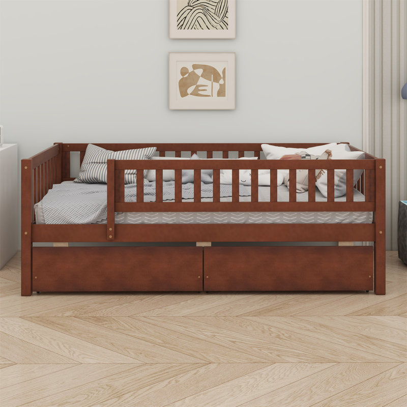 Daybed Wood Bed With Two Drawers, Walnut, Twin