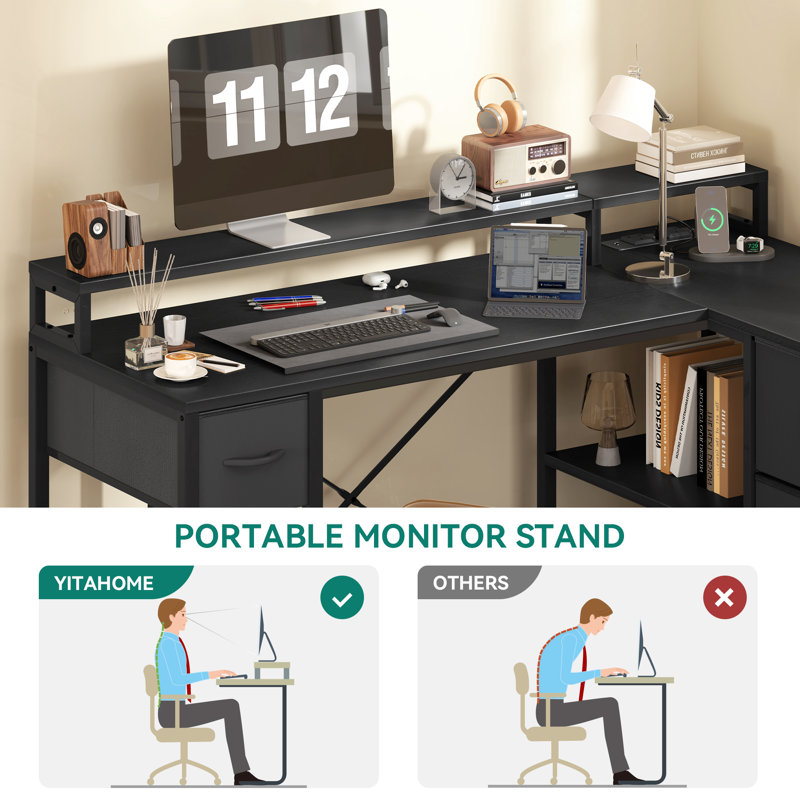 L-Shaped Computer Desk With 4 Drawers, Gaming Desk With Power Outlet And Monitor Stand, Corner Desk, Black