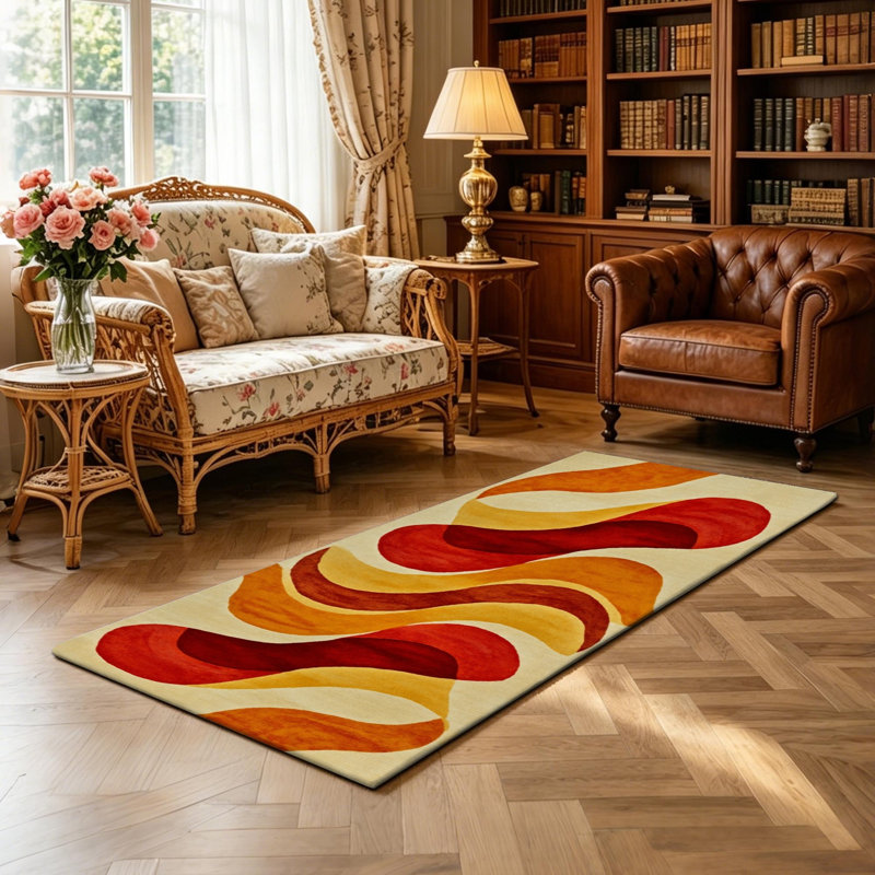 Tapis de couloir de cuisine moderne et abstrait, motif de vagues rétro rouge-orange et jaune, long tapis antidérapant pour la cuisine, le couloir, la salle de lavage et le vestibule