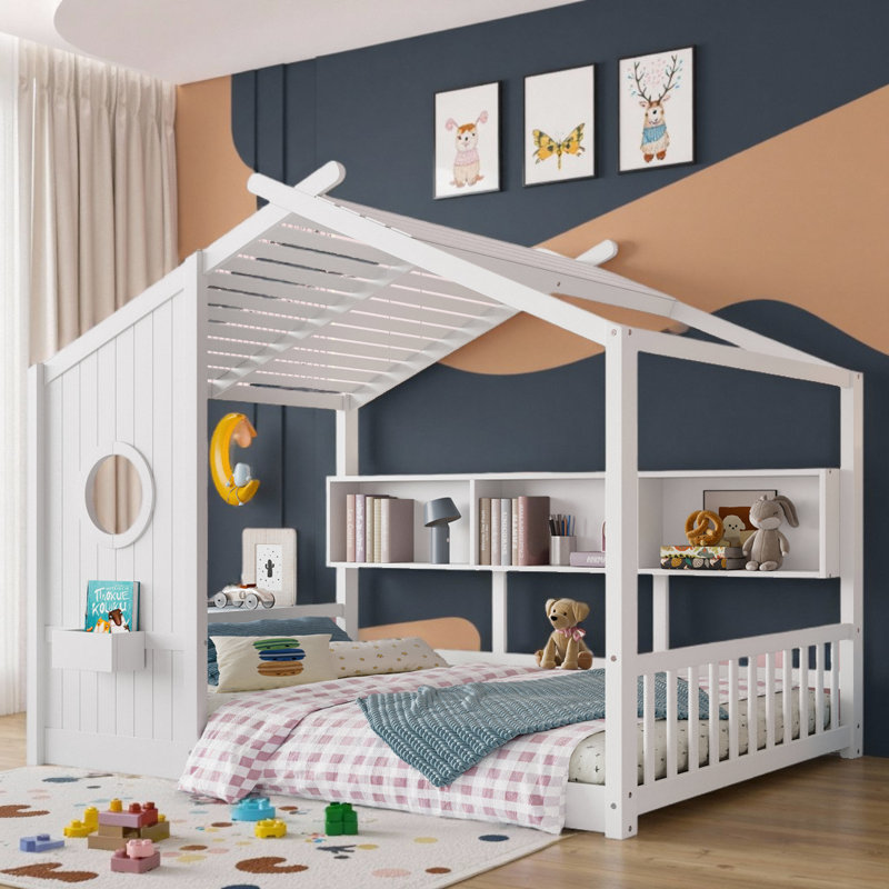 Lit sur pied avec tablette de rangement pour tout-petits et enfants Montessori, Lit simple, Blanc