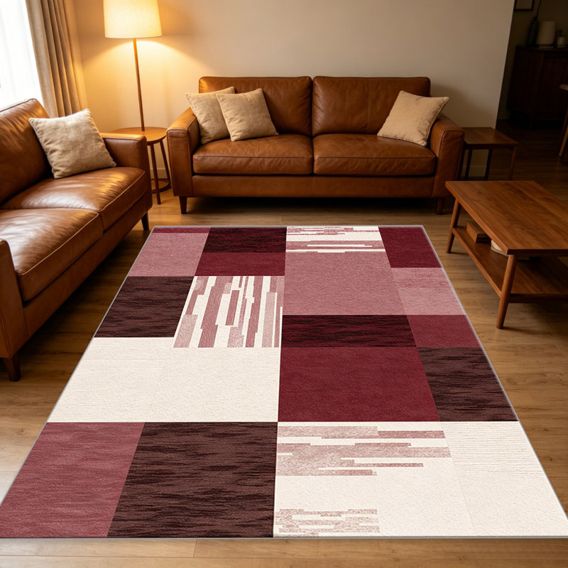 Burgundy Geometric Block carpet-easy to clean, machine-washable, soft and comfortable; suitable for door mats, kitchens, living rooms, bedrooms, corridors, and laundry areas. Easy to clean, durable carpet for home decoration.
