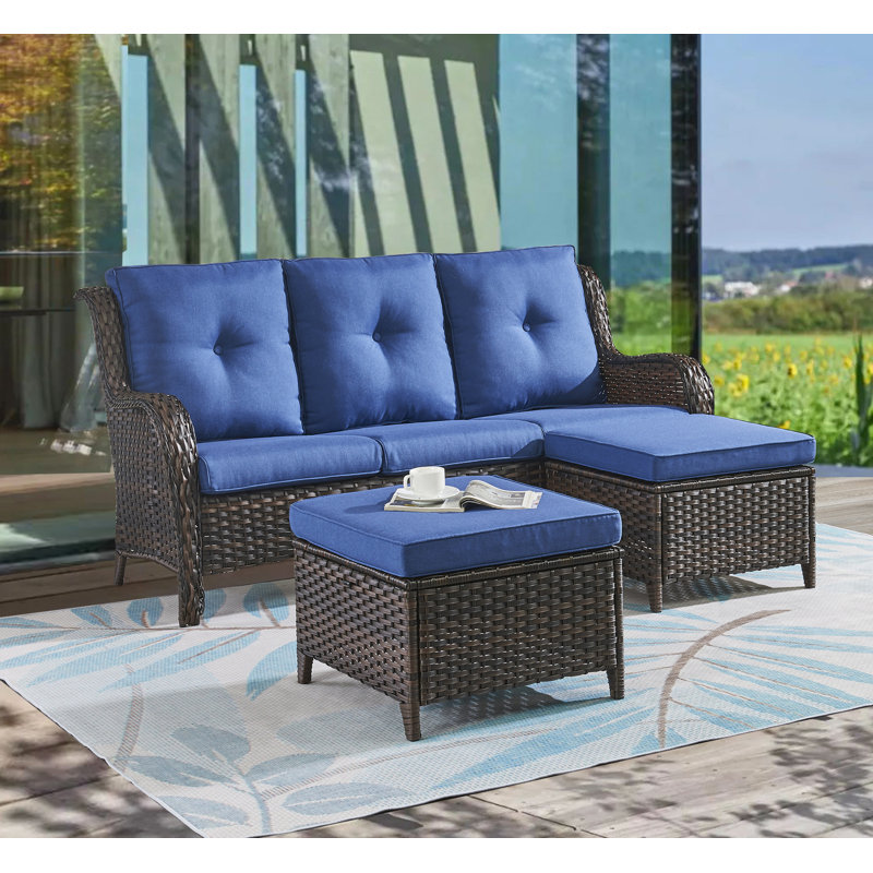 Bonia 72.44'' Wide Straight Patio Sofa with Cushions, Brown Frame/Blue Cushion