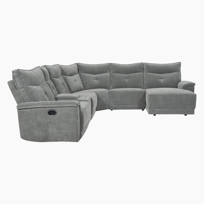 Achernar 132" Modern & Contemporary 6-Piece Textured Fabric Modular Reclining Sectional with Right Chaise with 2 Integrated Recliners & Console with Stainless Steel Cupholders