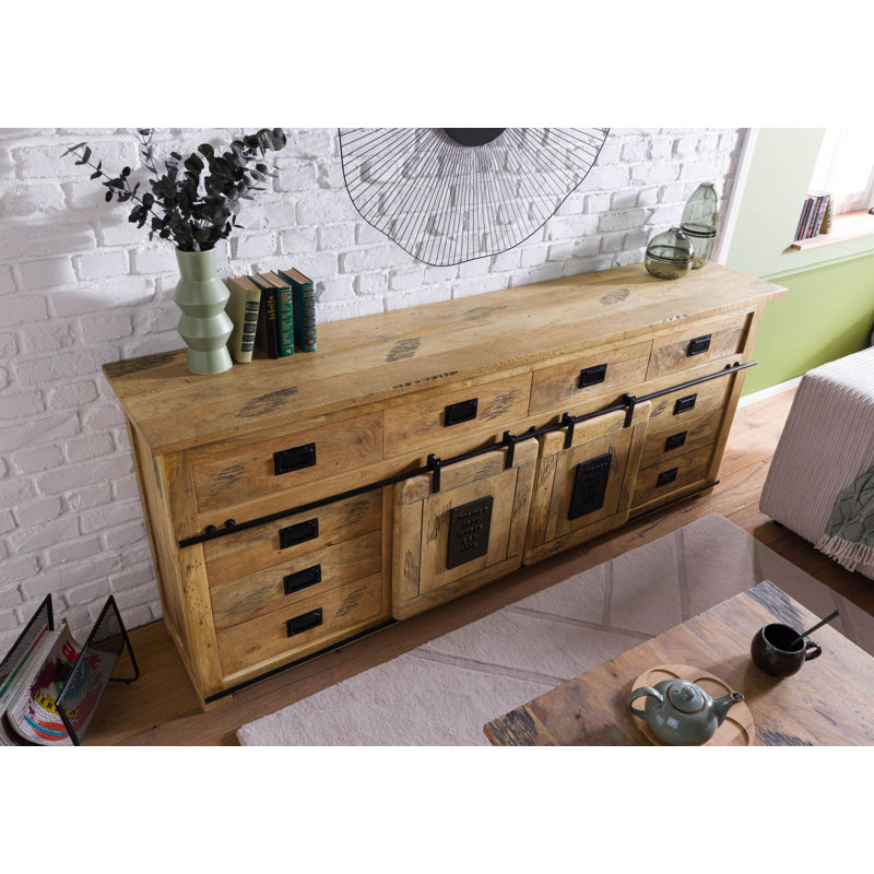 Railway 220cm Solid Wood Sideboard, Natural Varnish