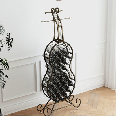 Freestanding Wine Shelf In Antique Brown, Rustic Gold, Metal, Space For Kitchen & Dining, Displays Wines And Liquors Metal Rack With Appeal, Cello Shape, Stores Liquor