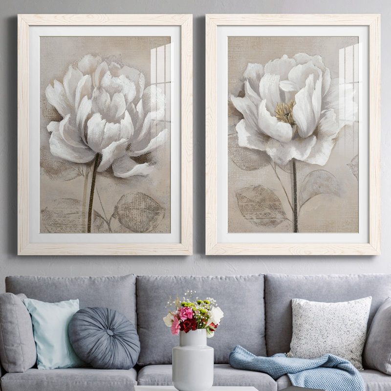 "Soft White I", ensemble de 2 reproductions d'art, Impression encadrée avec passe-partout, H 37,5 po x l 55 po, Blanc