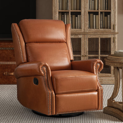 Hayliee Traditional Waxed Genuine Leather Manual Swivel Glider Recliner with Nailheads