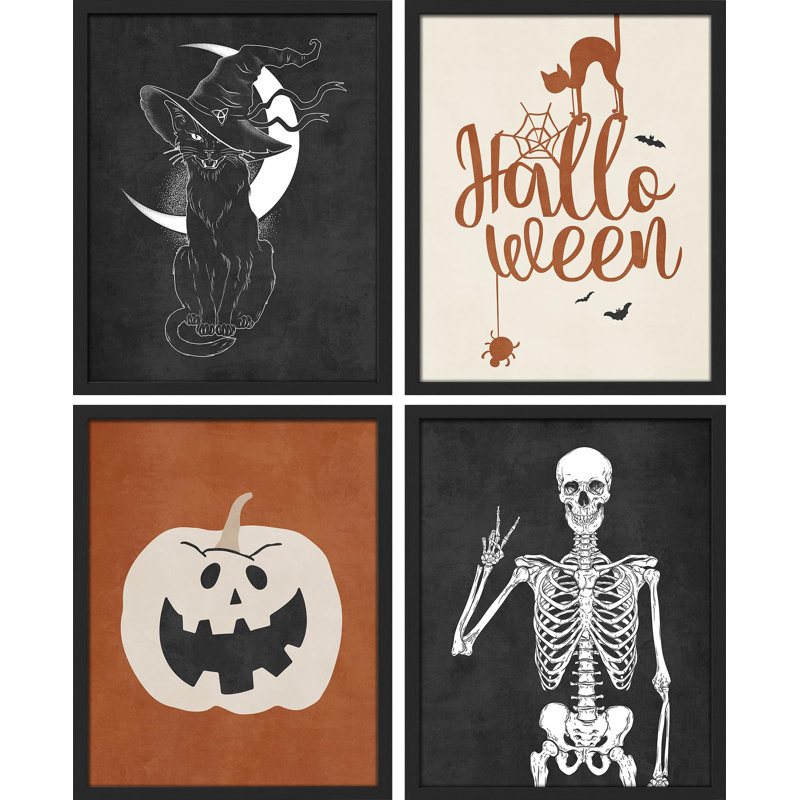 «Halloween with Hat Skeleton Cat Pumpkin», impression sur papier 4 pièces, H 10 po x l 8 po, Noir