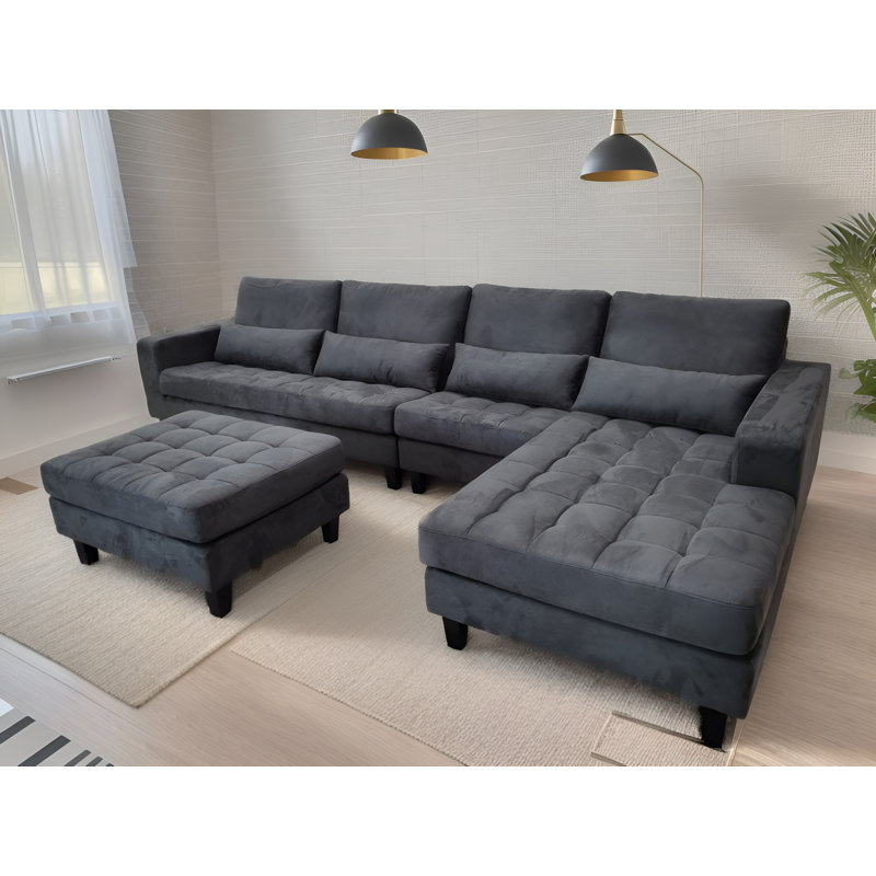 Canapé modulaire en microfibre avec repose-pieds Begraj, Microfibres et suédine gris foncé, Accoudoir à droite (vu de face)