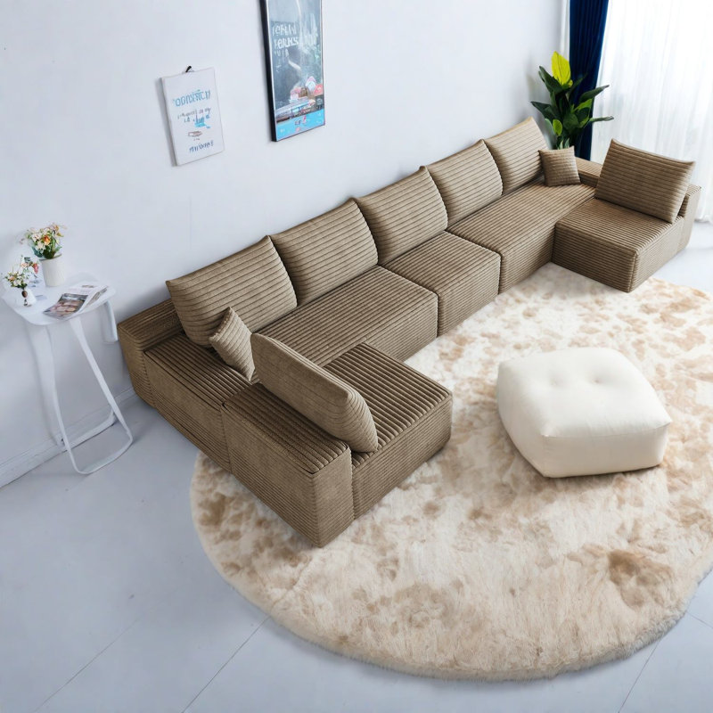 Canapé d'angle à compression, canapé moderne en forme de U de 166 pouces en velours côtelé moelleux pour la maison, Tan