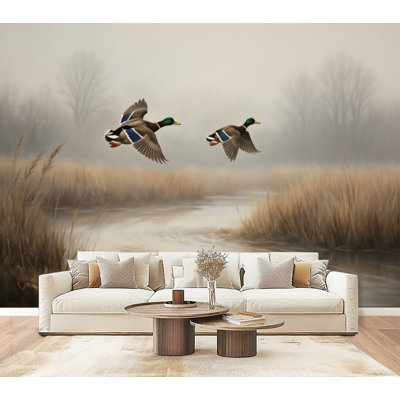 Peel and Stick Wallpaper Mallard Ducks Misty Wetlands Sunrise Wall Murals 100"H x 144"W Removable PVC Wall Paper Self-Adhesive Wall Decor for Bedroom Living Room Home Office