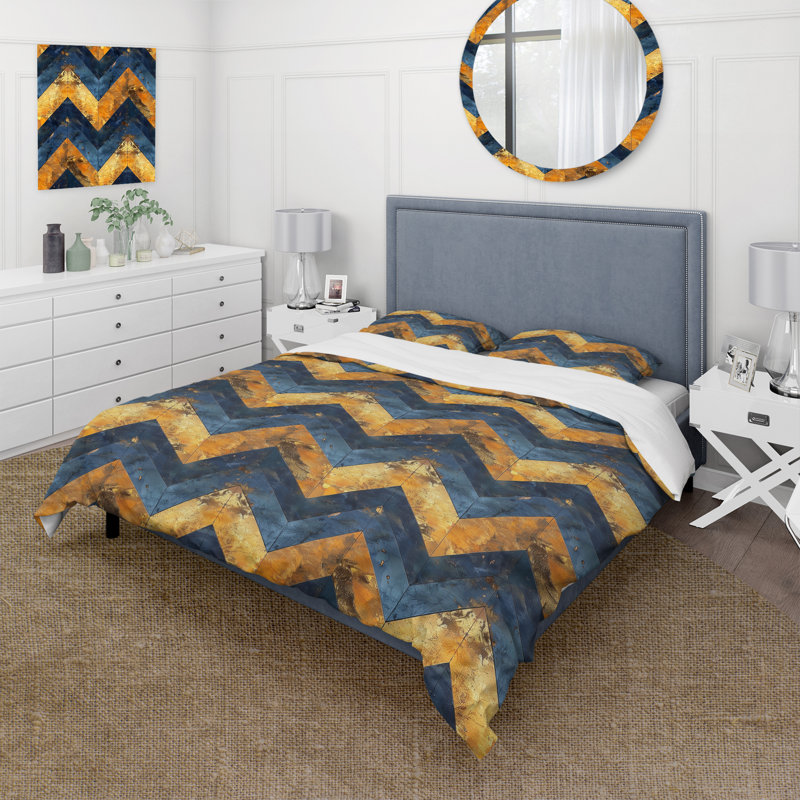 Ensemble de housse de couette Blue Gold Glamour Chevron II - Midcentury, Housse de couette simple + 2 taies décoratives st