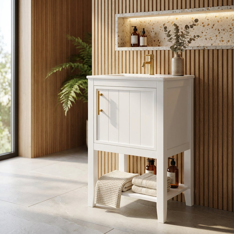 Meuble-lavabo autoportant de 20 pouces avec lavabo en céramique, porte à fermeture en douceur et rangement intégré, Blanc