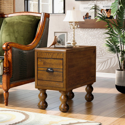 Table de bout en bois massif, table de bout rectangulaire étroite de 23,6 po avec tiroir, table de chevet rétro pour petits espaces, salon, chambre à coucher