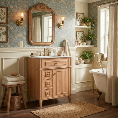 24" Freestanding Bathroom Vanity With Ceramic Sink, Solid Wood Frame, 1 Flip-Out Drawer & 1 Door Storage & 2 Soft-Close Drawers