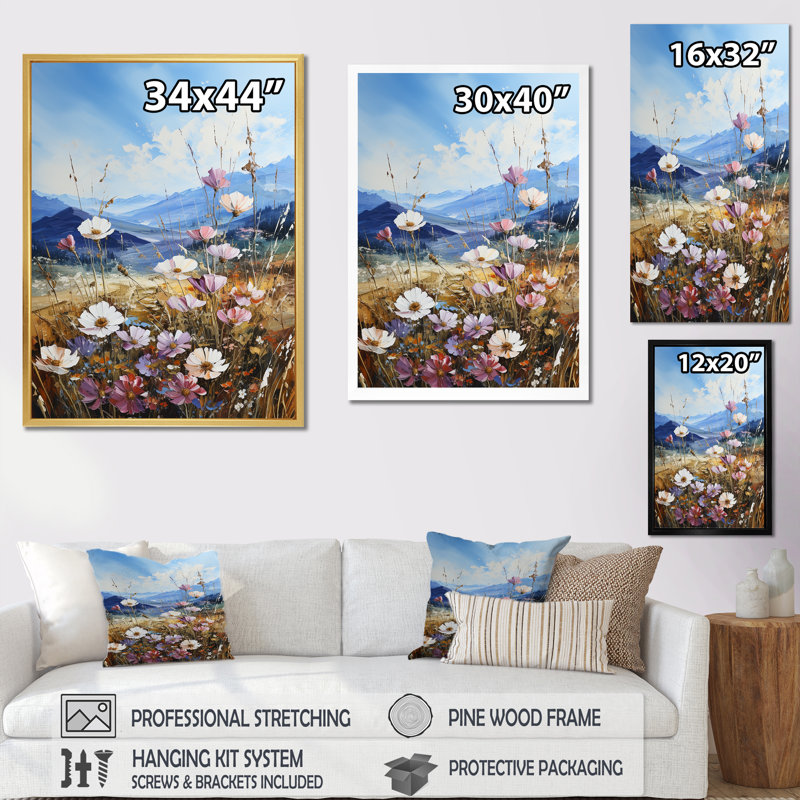 «White Wildflowers Mountain Charm I», reproduction sur toile, Cadre simple argenté, H 20 po x l 12 po x P 1 po