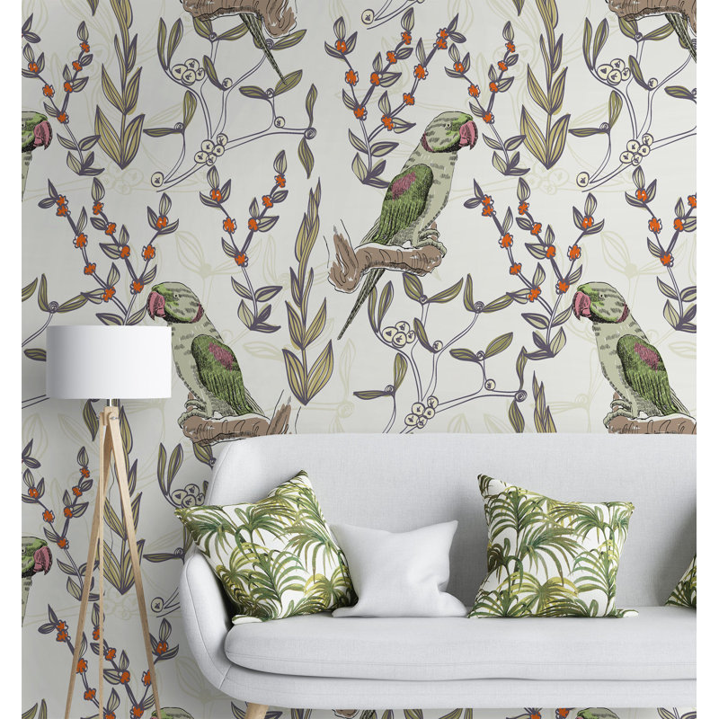 Papier peint amovible perroquet sur branches, L 114 po x l 204 po