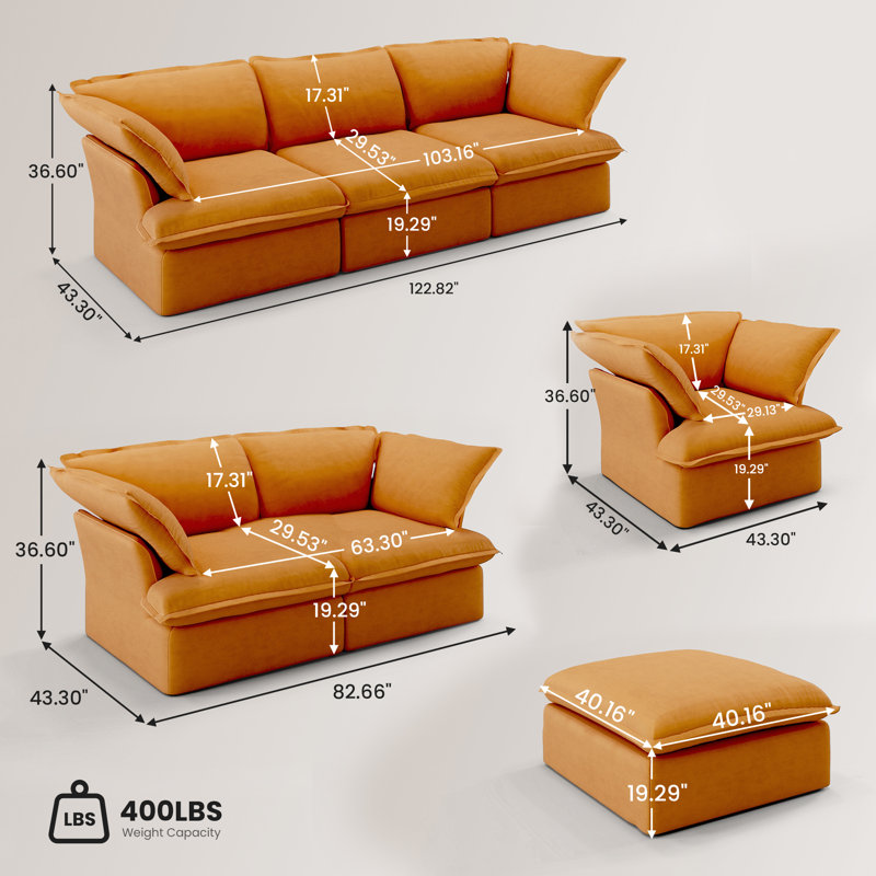 Canapé modulaire modulaire 4 pièces 4 pièces, Orange, Velours