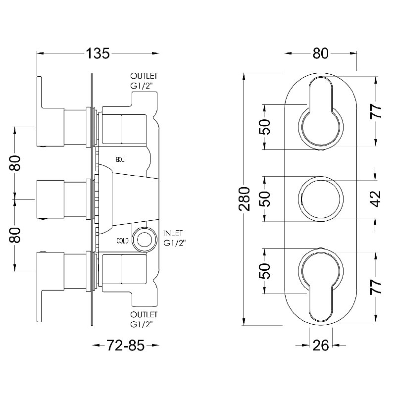 Triple Concealed Thermostatic Shower Valve, No
