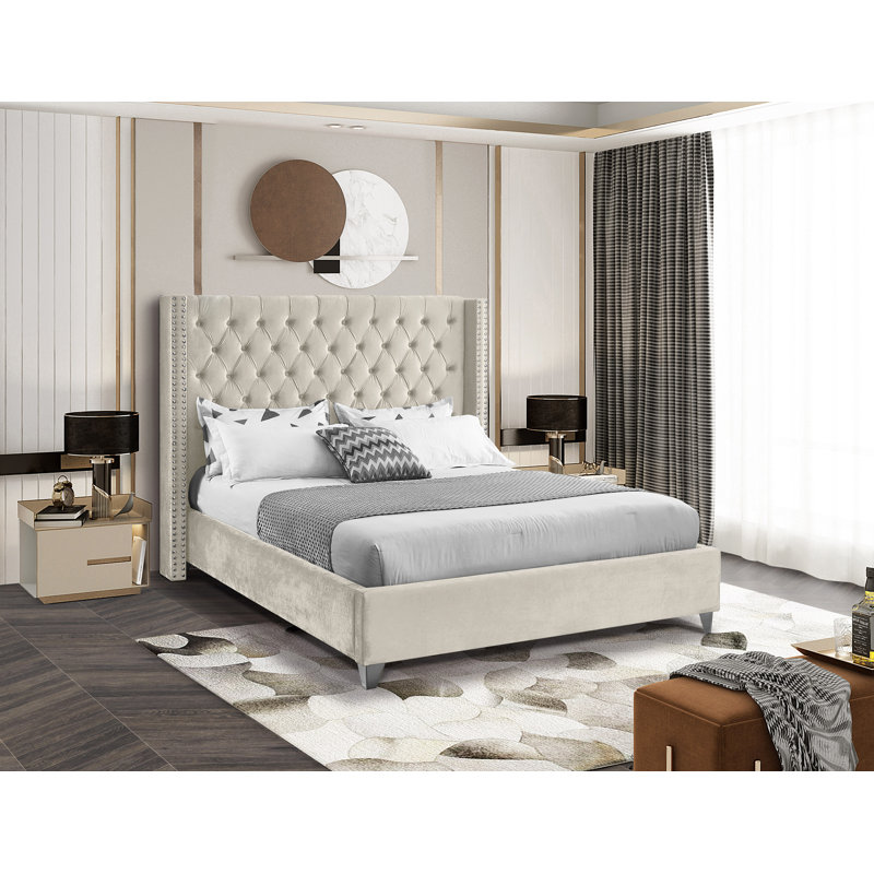 Joclynn Upholstered Bed, King, Cream Velvet, Chrome
