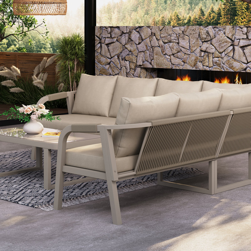 6-Seater Patio Corner Lounge Set With Glass Coffee Table, Beige Cushion/Beige Frame