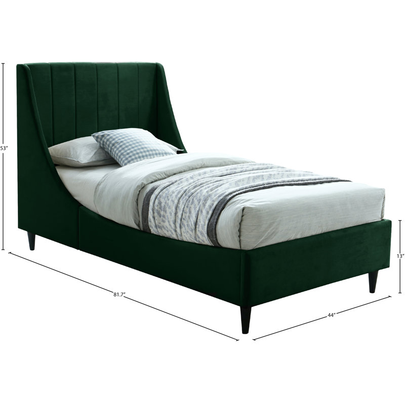Eva Upholstered Low Profile Platform Bed, Green Velvet, Twin
