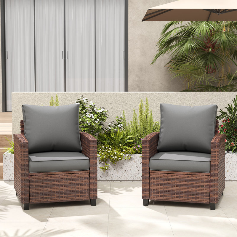  Chaise longue d'extérieur en osier avec coussins Samya, Structure brune / coussin gris