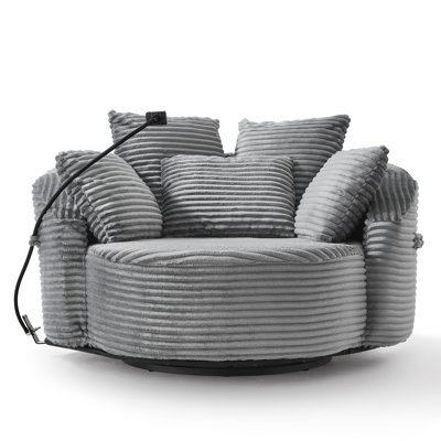 360° Swivel Chair Accent Barrel Chair Corduroy Round Sofa Chair With 5 Throw Pillows And An Adjustable Phone Holder