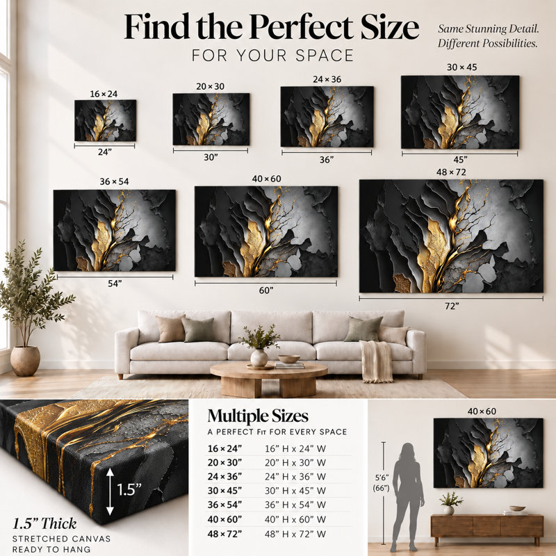 Black and Gold Abstract Canvas Wall Art – Modern Gray Textured Look, 30" H x 45" W