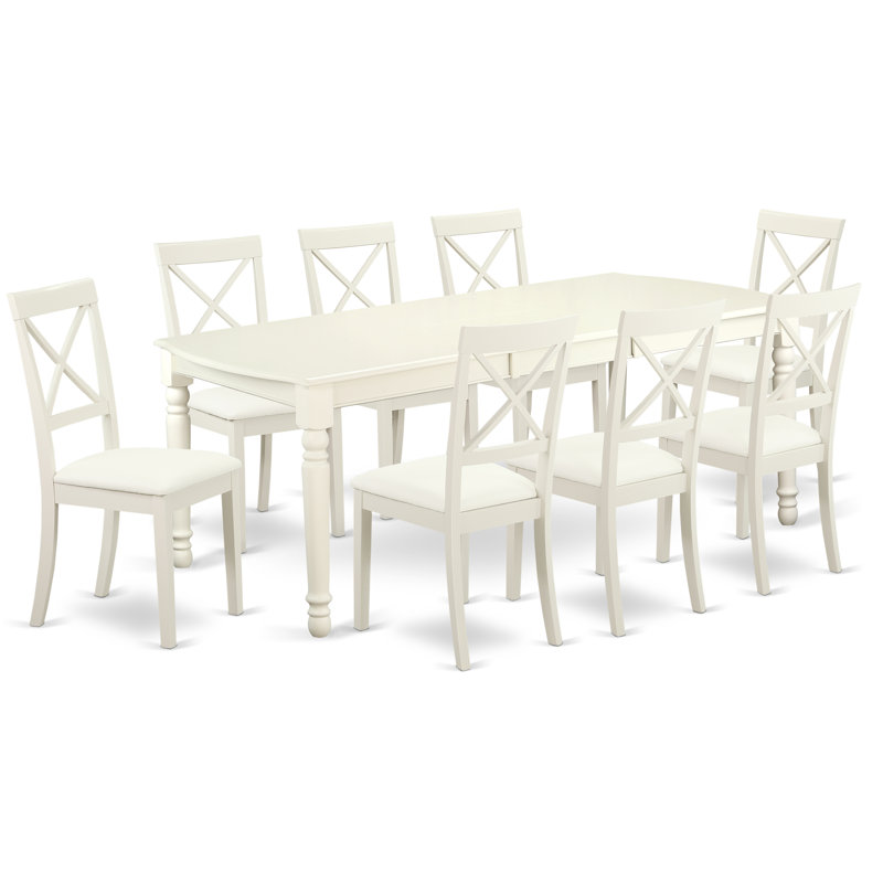 9 Piece Dining Set Includes a Rectangle Dining Room Table with Butterfly Leaf and 8 Faux Leather Kitchen Chairs, Linen White