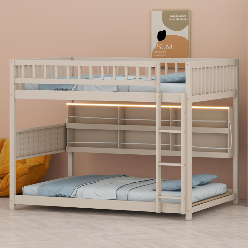 Lit superposé avec tablettes intégrées, lumières DEL réglables et panneau perforé, Beige, Lit superposé double sur double
