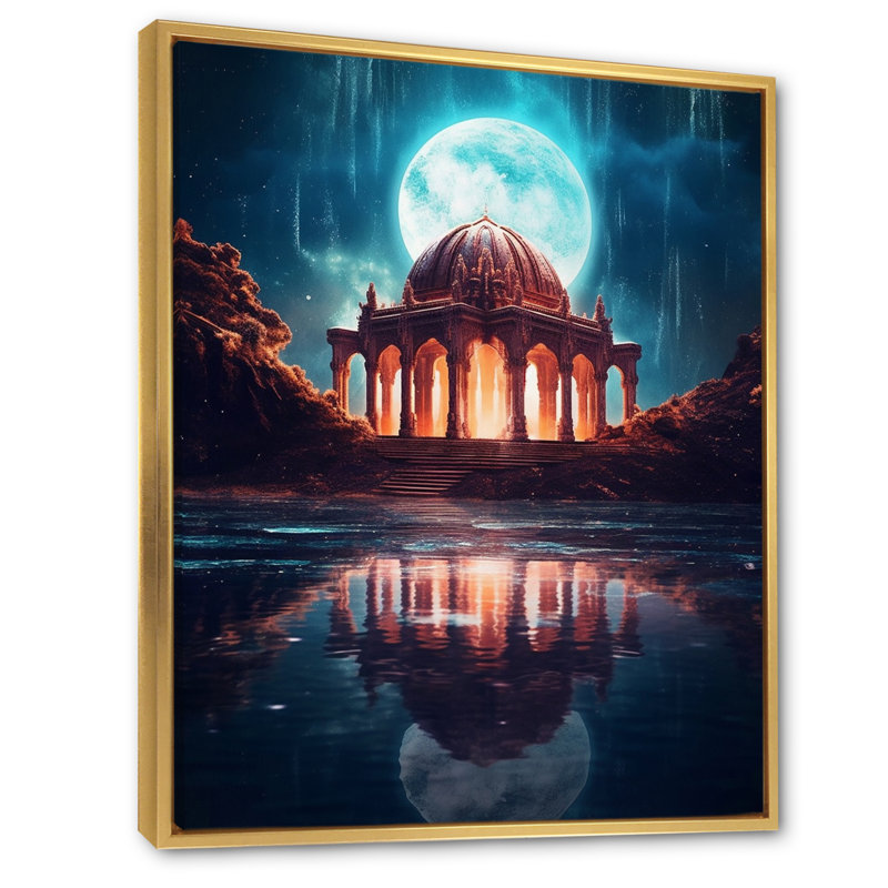 Ancien temple grec sous la majestueuse pleine lune - impression, 40" H x 30" W, Cadre flottant doré