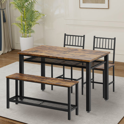 4 Piece Dining Set, Table with Storage Shelves, 2 Chairs & 1 Bench, Industrial Rustic, Brown