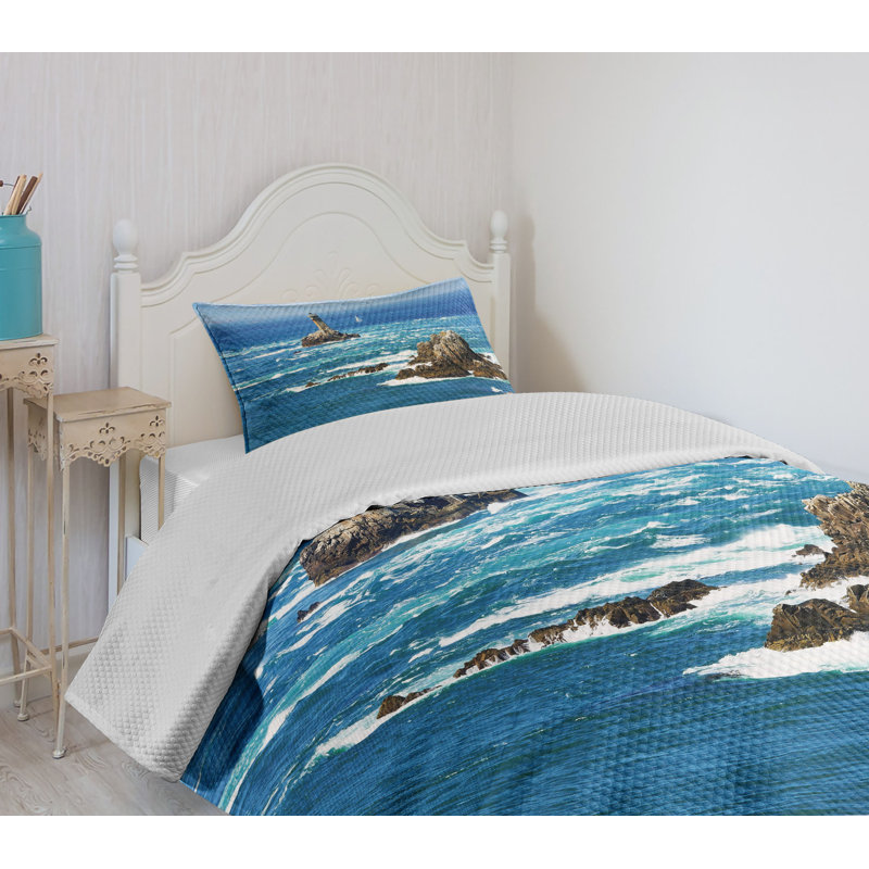 Twin Gray Ocean Quilted Bedspread Set with Pillow Sham