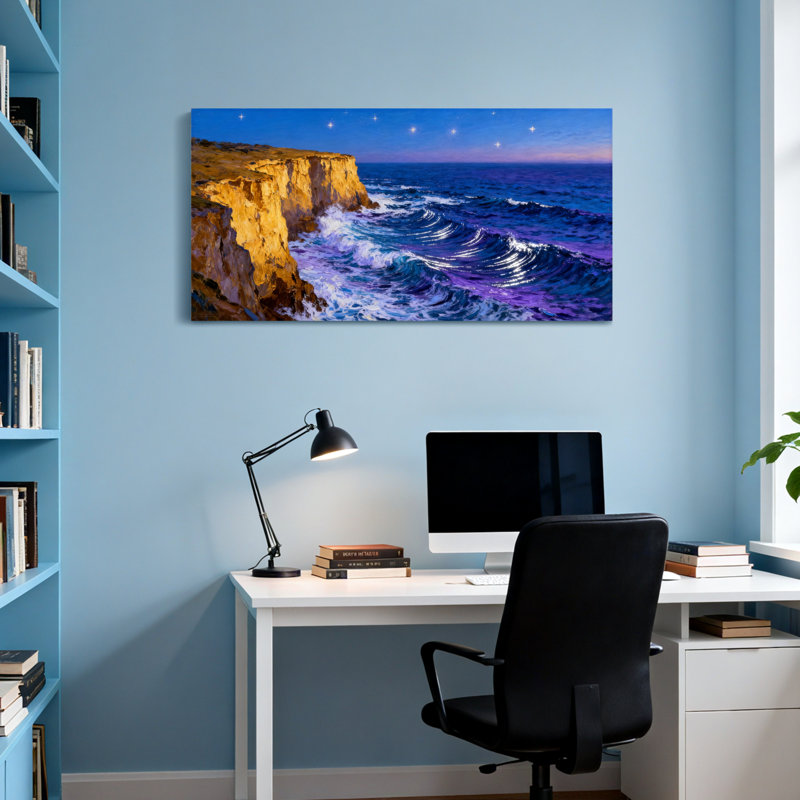 Paysage et nature Cliff Ocean Waves Night Sky Stars - mauve / bleu, H 20 po x l 40 po