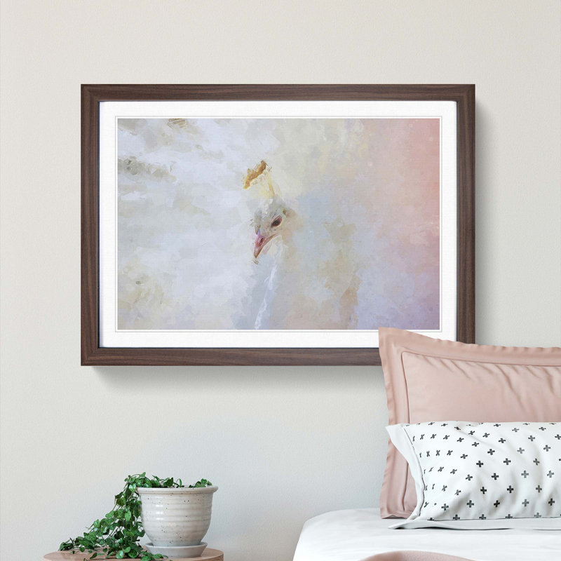 White Peacock in Abstract - Picture Frame Graphic Art Print, 40cm H x 60cm W x 2cm D, Walnut