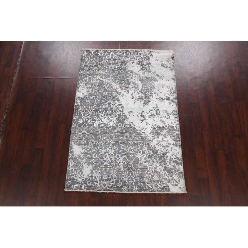 Tapis gris noué à la main de conception unique 4 pi 6 po x 6 pi 8 po New Age