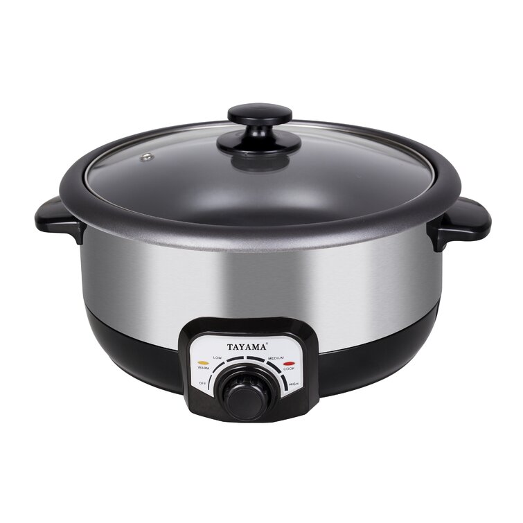 Tayama 3 Qt. Black Stainless Steel Electric Non-Stick Hot Pot Multi-Cooker  with Steamer Glass Lid
