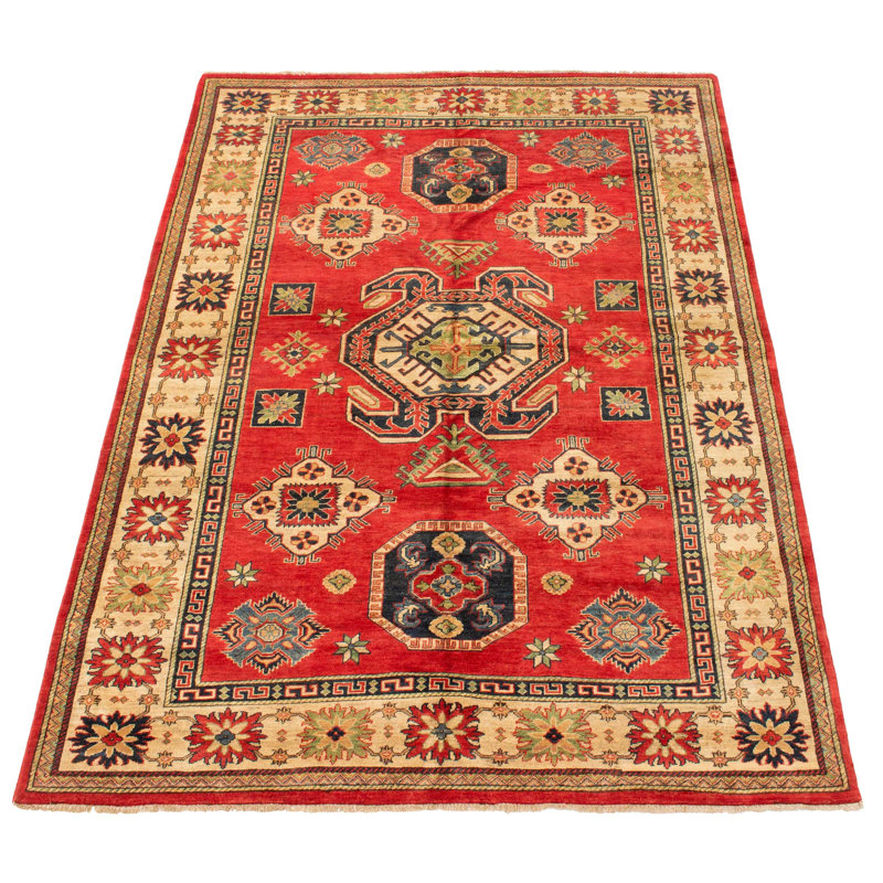 Tapis rouge en laine noué à la main de conception unique 6 pi 7 po x 9 pi 9 po Helgrit New Age