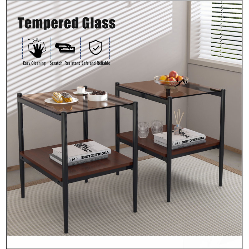 Ensemble de 2 tables de bout rectangulaires, plateau de table en verre trempé avec panneau de fibres à densité moyenne, table de salon moderne, verre