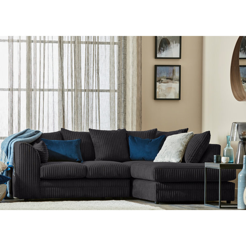 Moana 3 - Piece Upholstered Corner Sofa Chaise with Ottoman, Black, Right Hand Facing