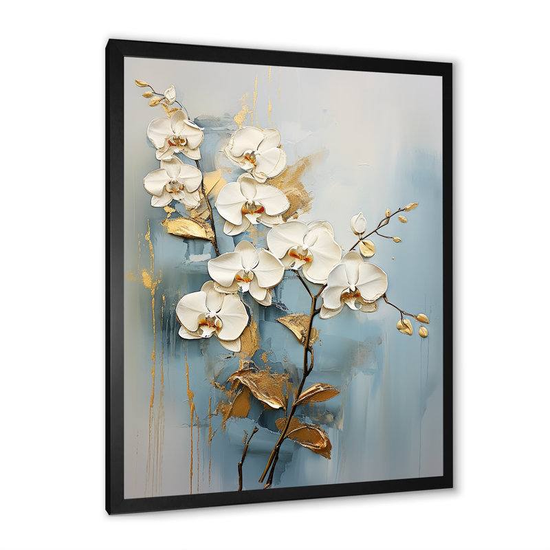 Orchidées beiges et dorées sur toile, Cadre simple noir, H 40 po x l 30 po x P 1,5 po