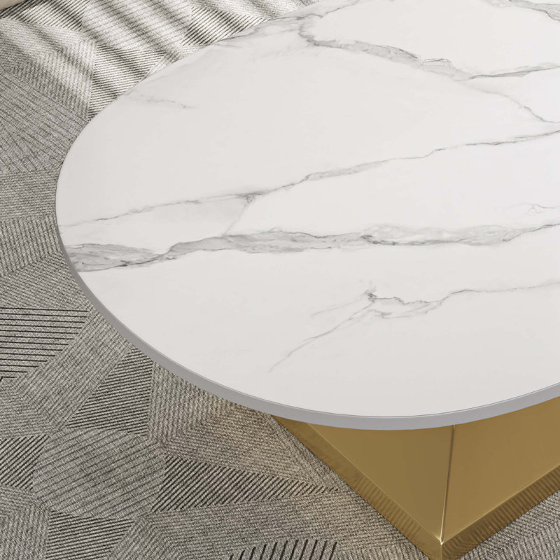 Table basse moderne en pierre frittée avec base en acier inoxydable - Centre de table de salon élégant, Doré