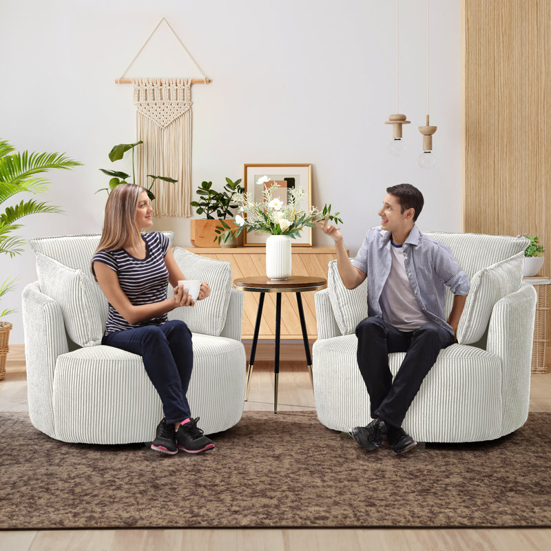 37.1'' Wide Corduroy Swivel Barrel Chair With 2 Armrest Pillows, Beige Corduroy, 2